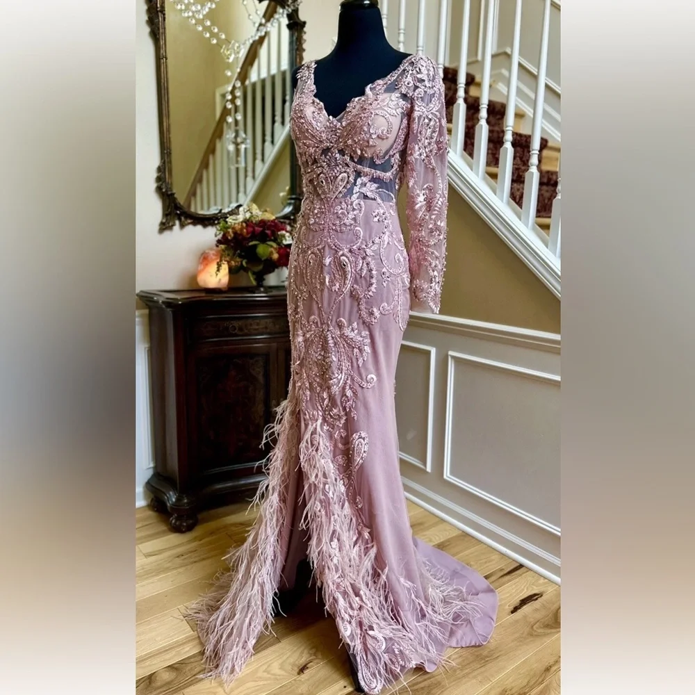 Portia and Scarlett Blush Long Sleeve Feather Fringed Embroidered Gown Size 6 - Picture 4 of 16